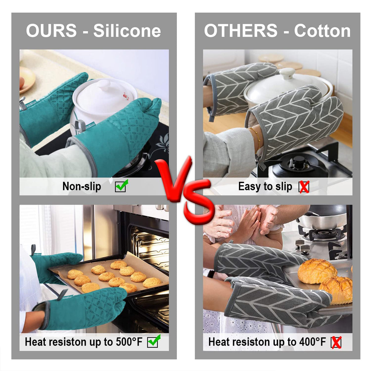 KEGOUU 500°F heat resistance protects hands during baking and BBQ sessions.