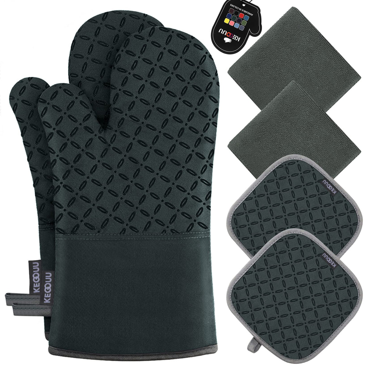 KEGOUU oven mitt showing heat resistance up to 500°F for safe handling