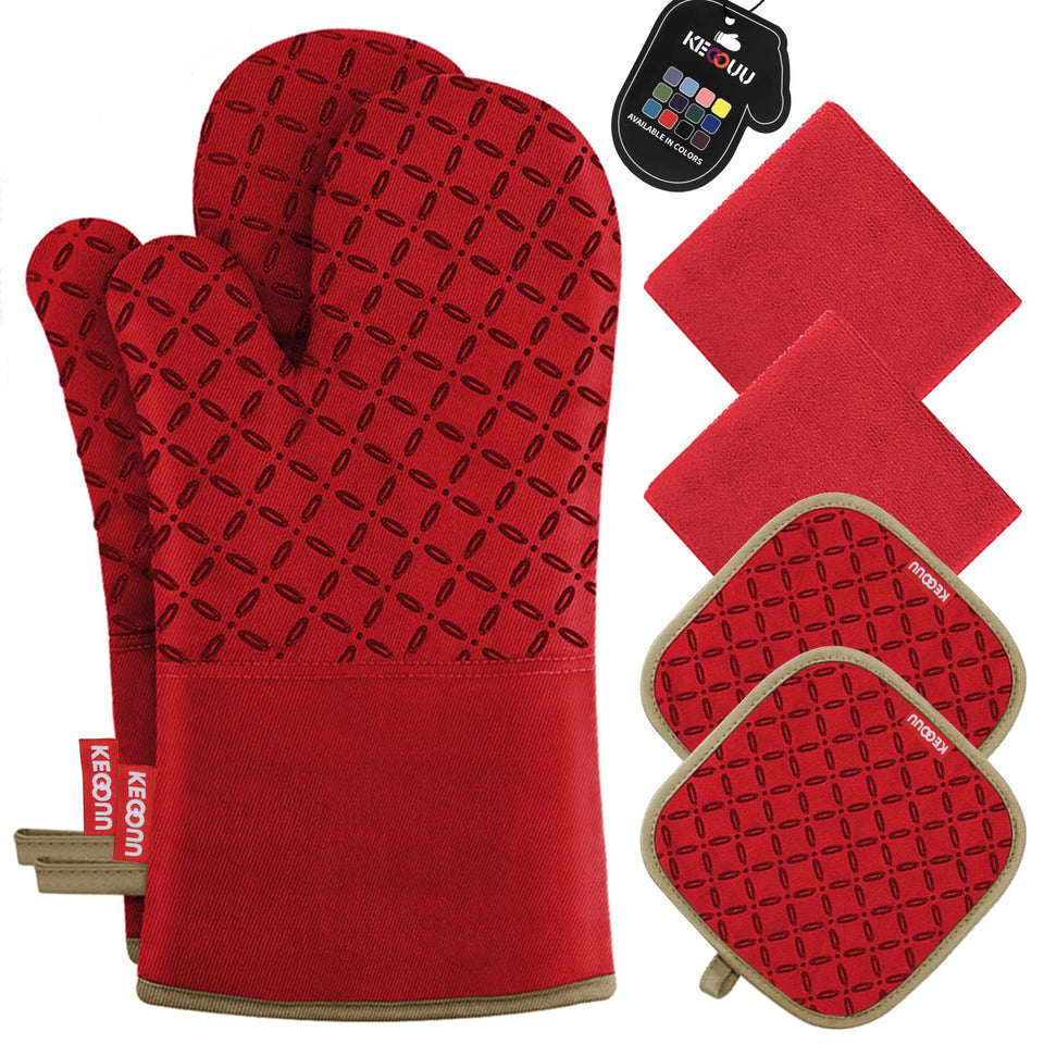 KEGOUU oven mitts with 500°F heat protection for safe handling.