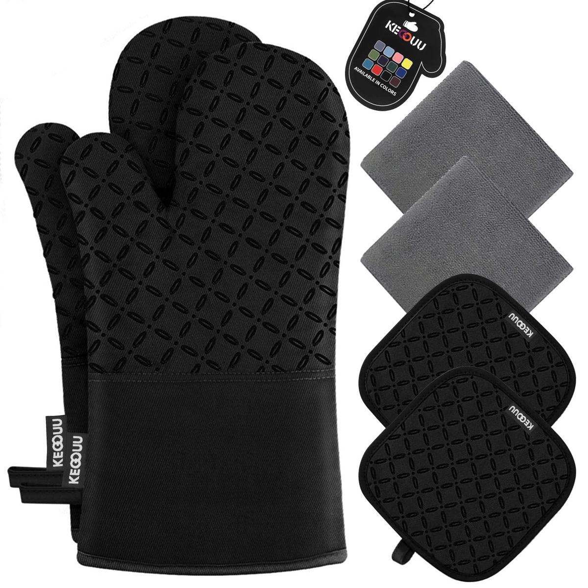 KEGOUU oven mitts set in black with non-slip silicone grip for safe handling of hot pots
