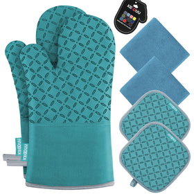 KEGOUU oven mitts 6pcs set in lake blue with non-slip grip for safe cooking.