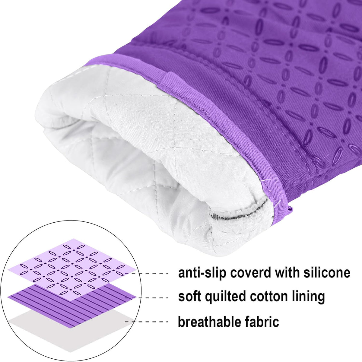 KEGOUU close-up of purple cotton oven mitt showing quilted texture and silicone grip