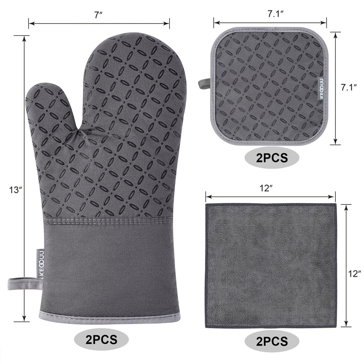 KEGOUU oven mitts grey back view showing quilted cotton lining