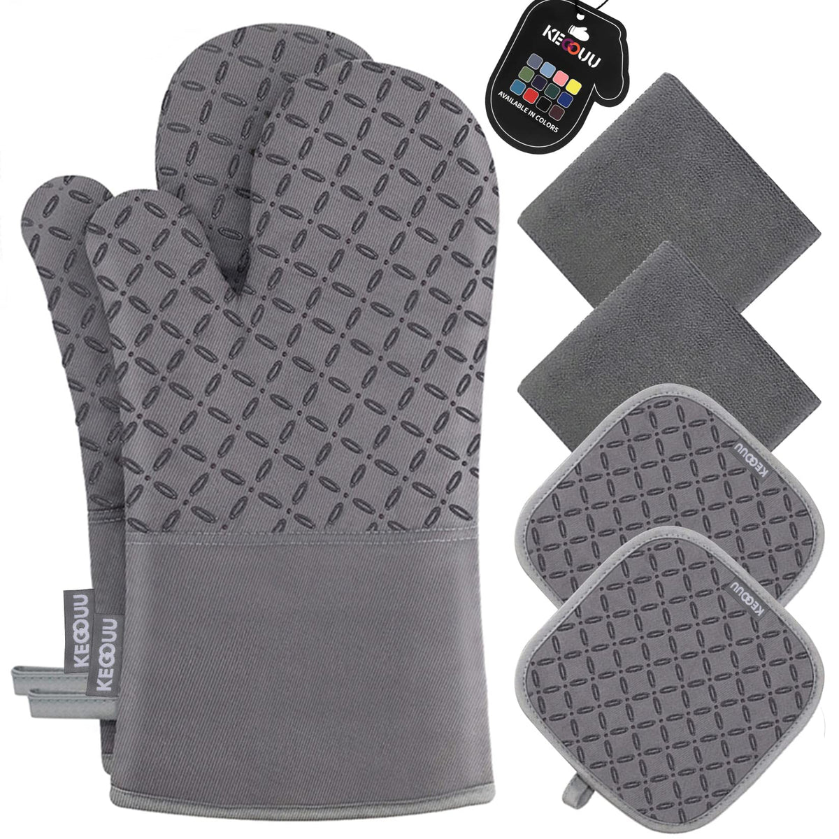 KEGOUU oven mitts grey front view with non-slip silicone grip