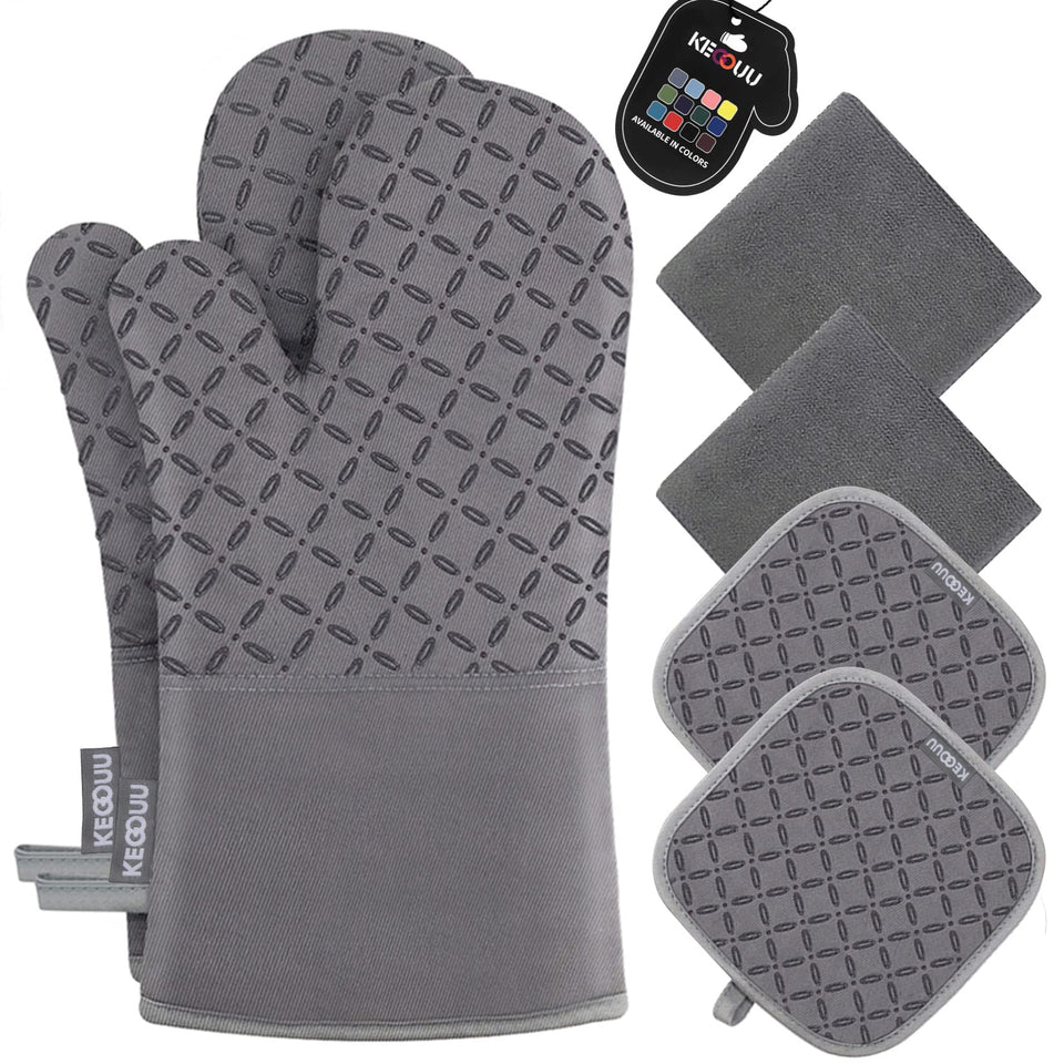 KEGOUU oven mitts grey front view with non-slip silicone grip