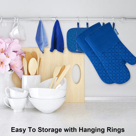 KEGOUU royal blue oven mitts hanging on a hook for easy storage