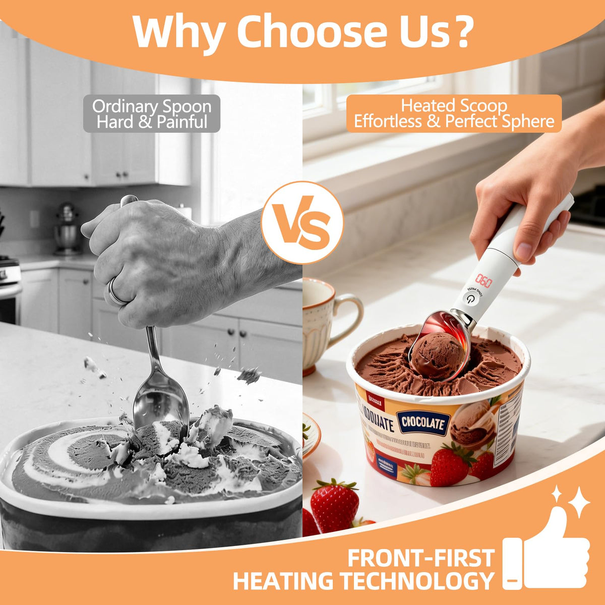 KEHFPMW heated scoop in action scooping gelato with smooth motion