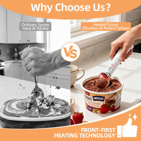 KEHFPMW heated scoop in action scooping gelato with smooth motion