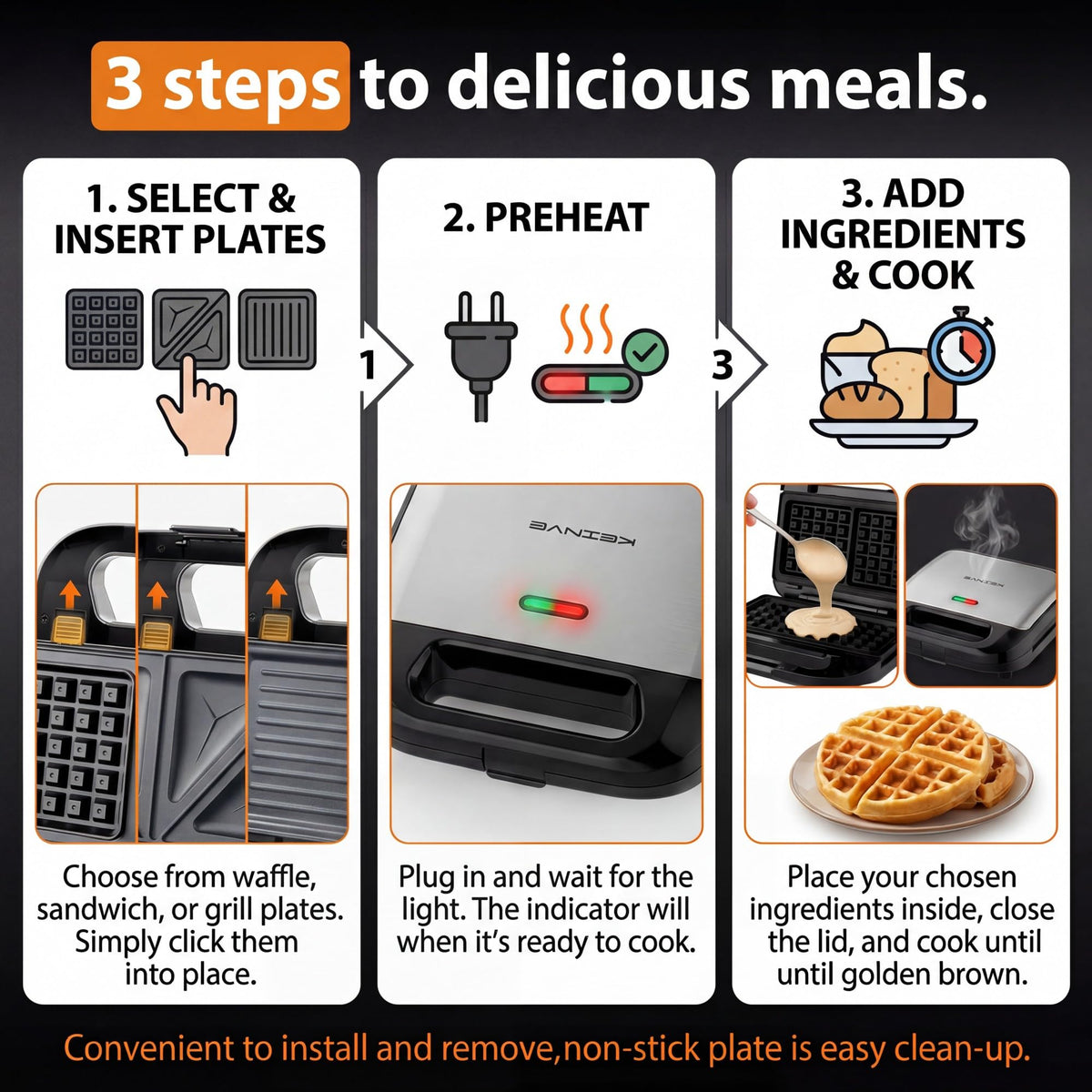 KEINVE 3-in-1 waffle maker with removable plates for effortless cleanup and fast waffles.