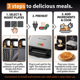 KEINVE 3-in-1 waffle maker with removable plates for effortless cleanup and fast waffles.