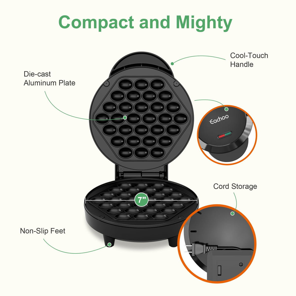 KEINVE Bubble Waffle Maker side view highlights portability and sleek profile.