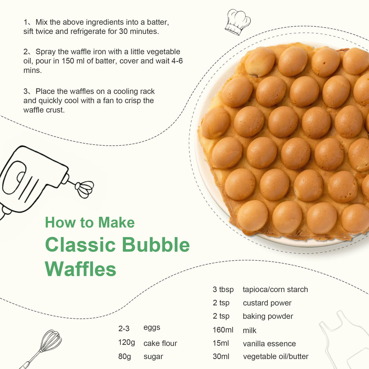 KEINVE Bubble Waffle Maker upright storage keeps counters tidy.