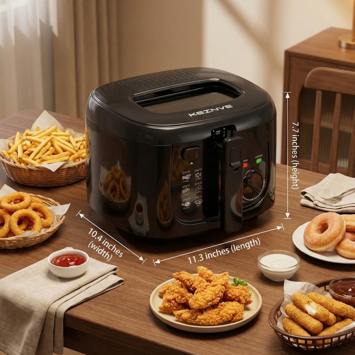KEINVE deep fryer thermostat control showing three presets for crispy foods