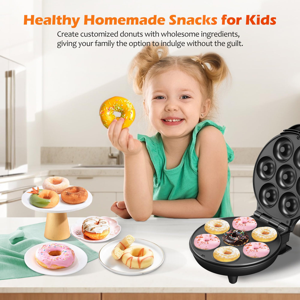 KEINVE donut maker lid open showing easy access and non-stick plates