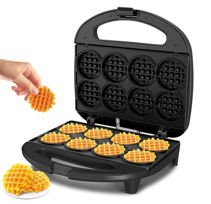 KEINVE mini waffle maker pouring batter for quick breakfast bites.