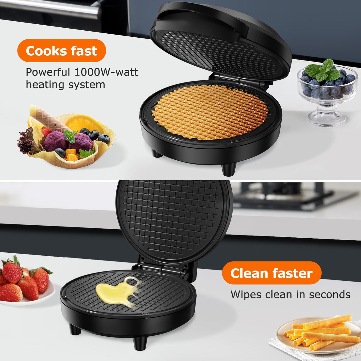 KEINVE waffle cone maker cones ready, golden results for family treats.