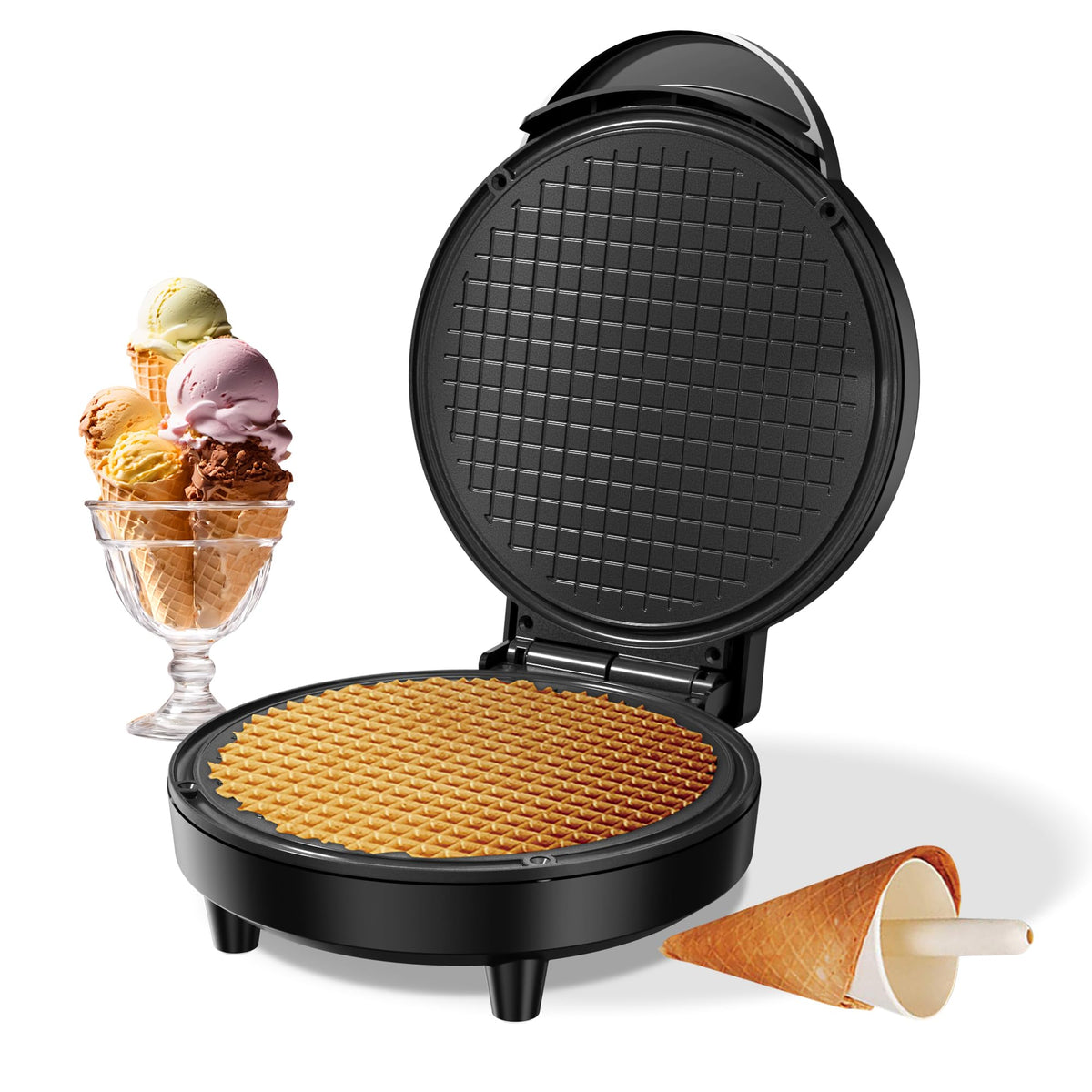 KEINVE Waffle Cone Maker front view, compact design ideal for small kitchens.