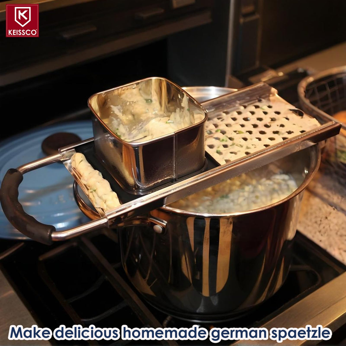 KEISSCO spaetzle maker built-in batter box for steady pouring.