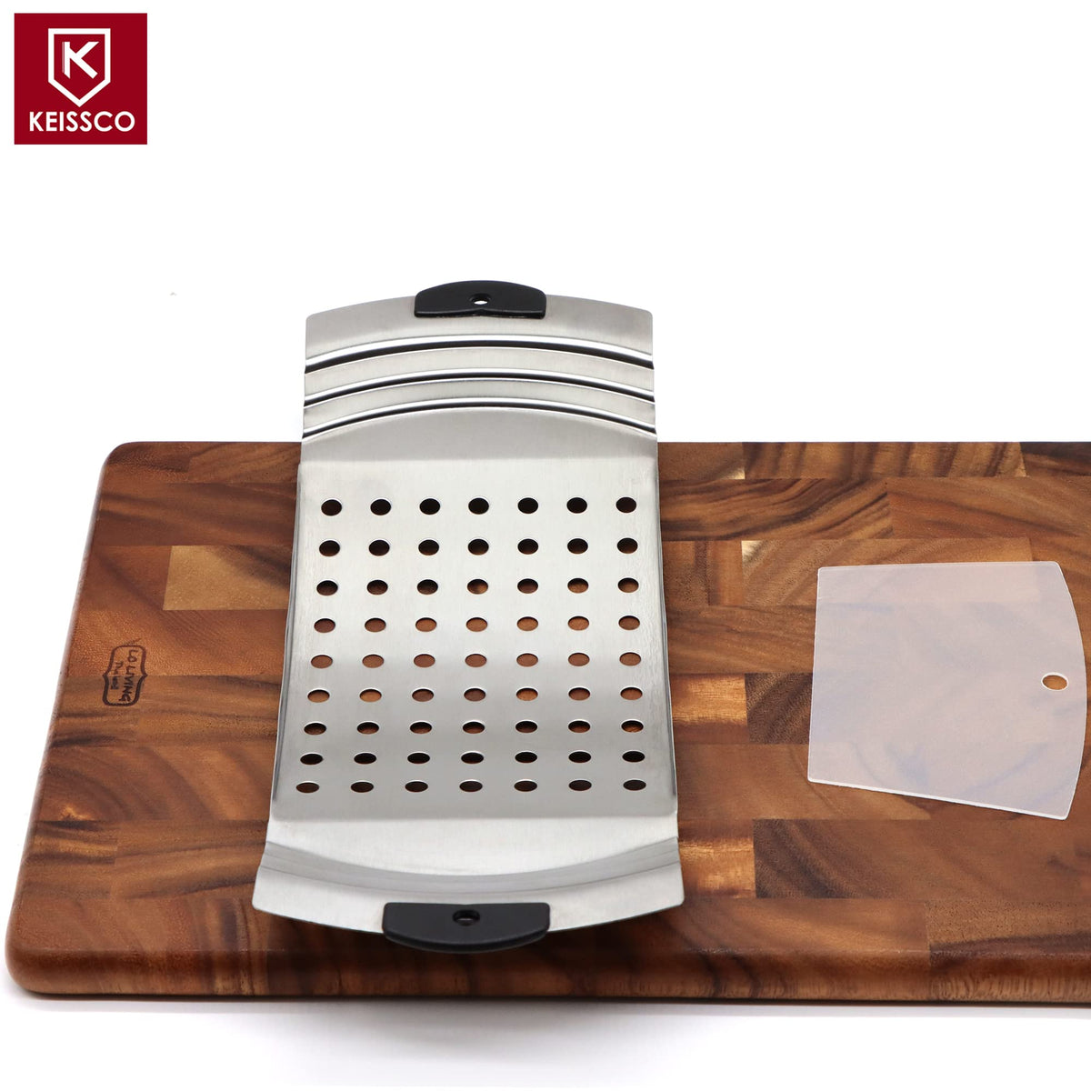 Keissco spaetzle maker detailed front view highlights sturdy stainless steel construction.