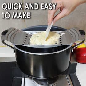 Keissco spaetzle maker graduated rim securely fits over pots and pans.