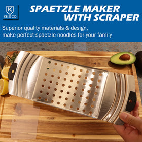 Keissco spaetzle maker multi-use tool doubles as a colander for rinsing.