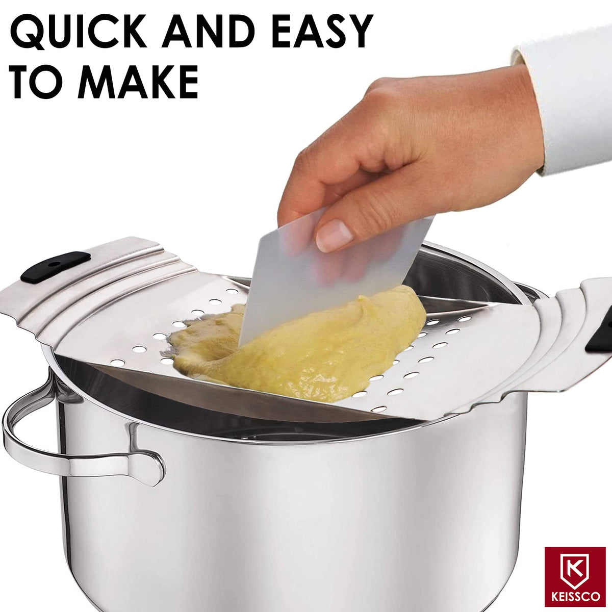 Keissco spaetzle maker closeup on stainless plane conveys clean, food-safe design.