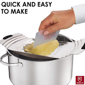 Keissco spaetzle maker closeup on stainless plane conveys clean, food-safe design.