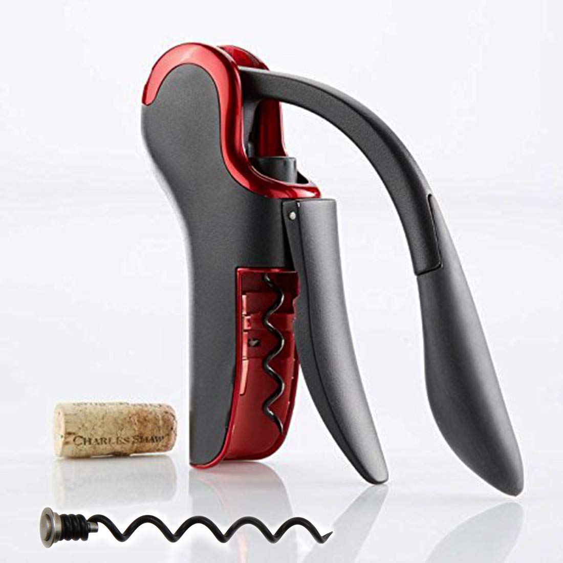 KEISSCO compact vertical wine opener in use for easy cork removal.
