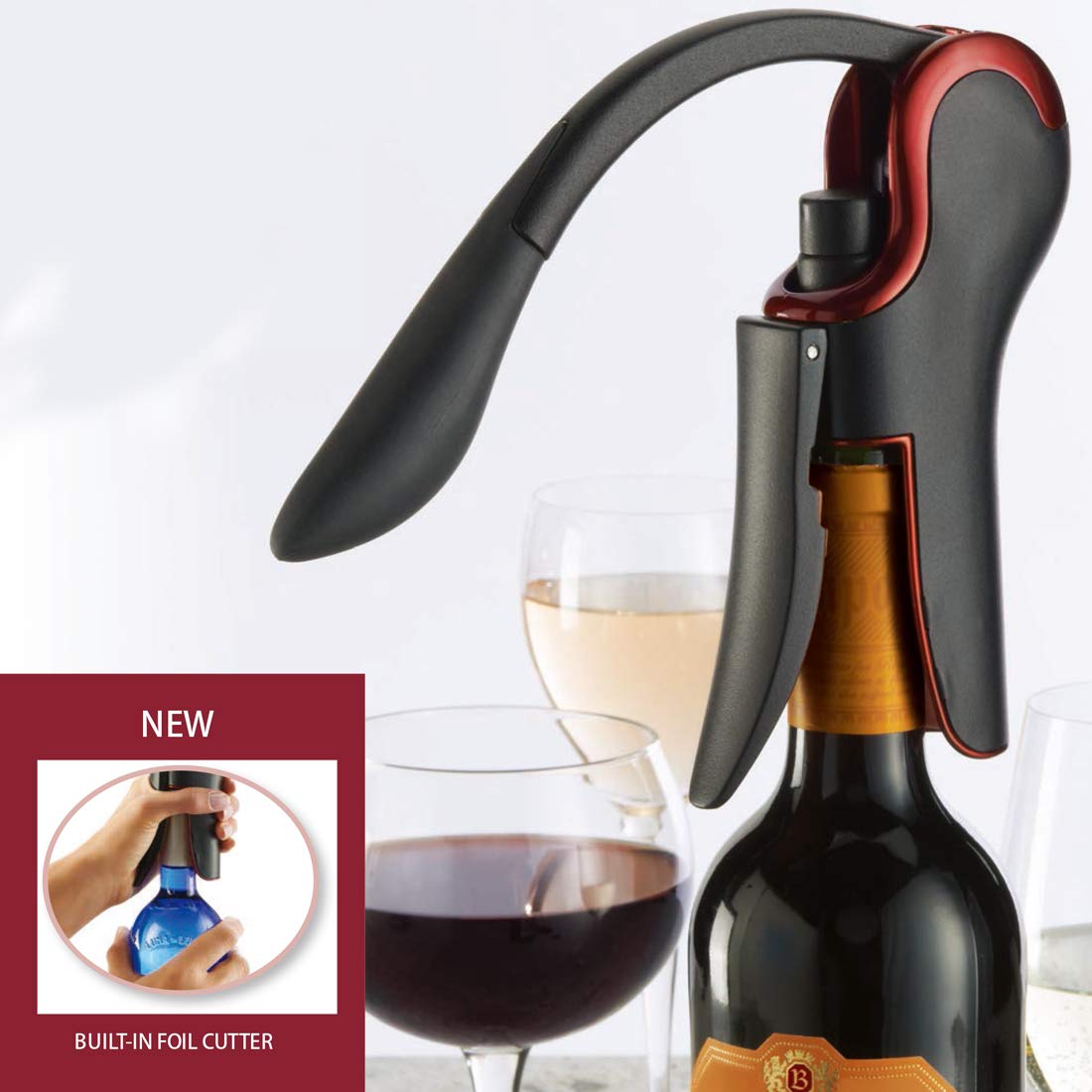 KEISSCO wine opener lever-pull action eases cork extraction.