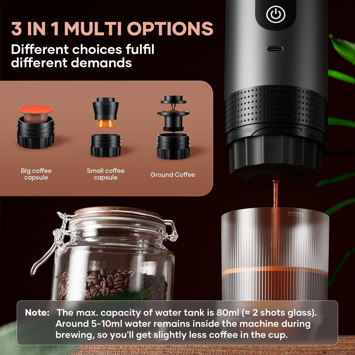 Kejector 3-in-1 ground coffee and capsule compatibility for flexible setups.