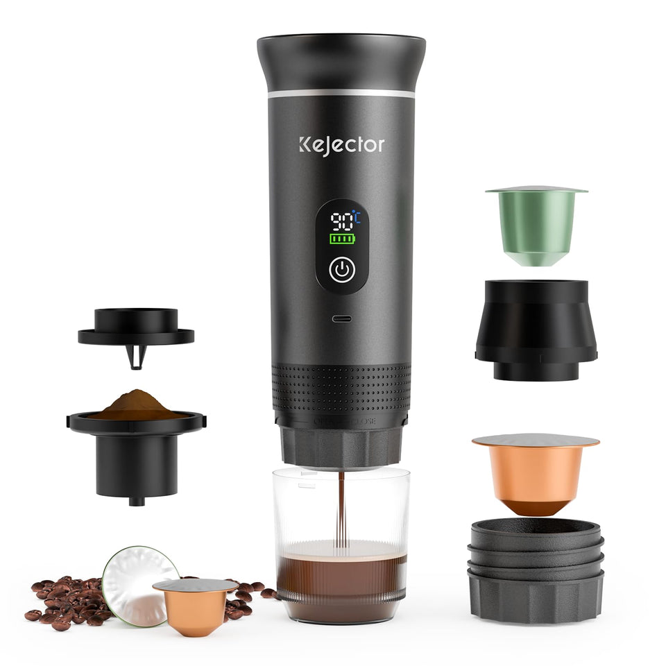 Kejector portable espresso machine in a travel setup for café-quality coffee on the go.