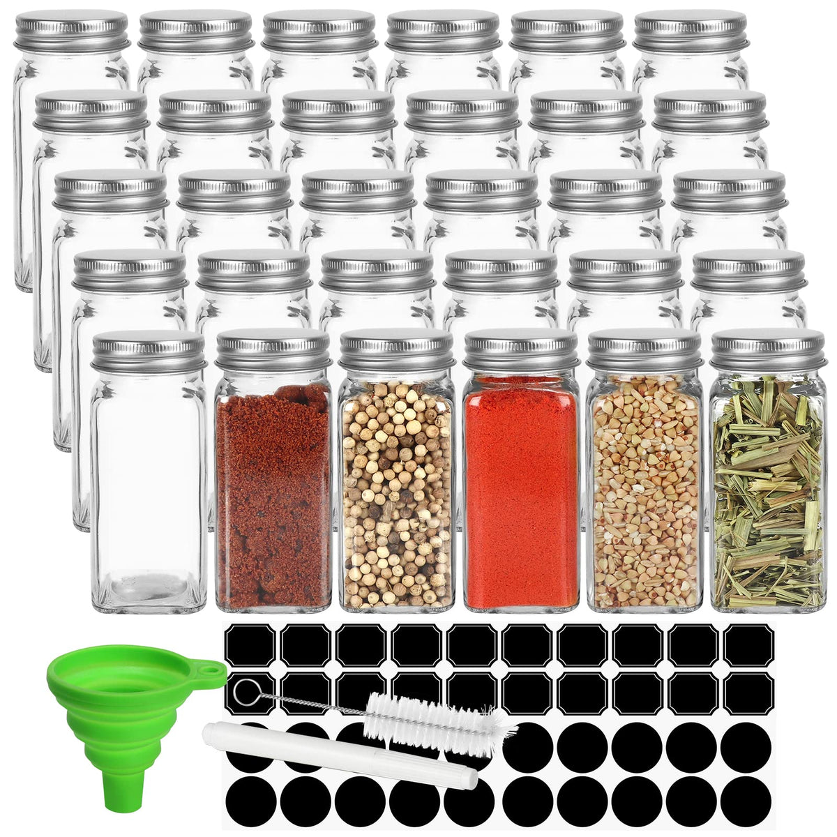 Keketin 30-pack glass spice jars 4 oz for organized pantry storage.