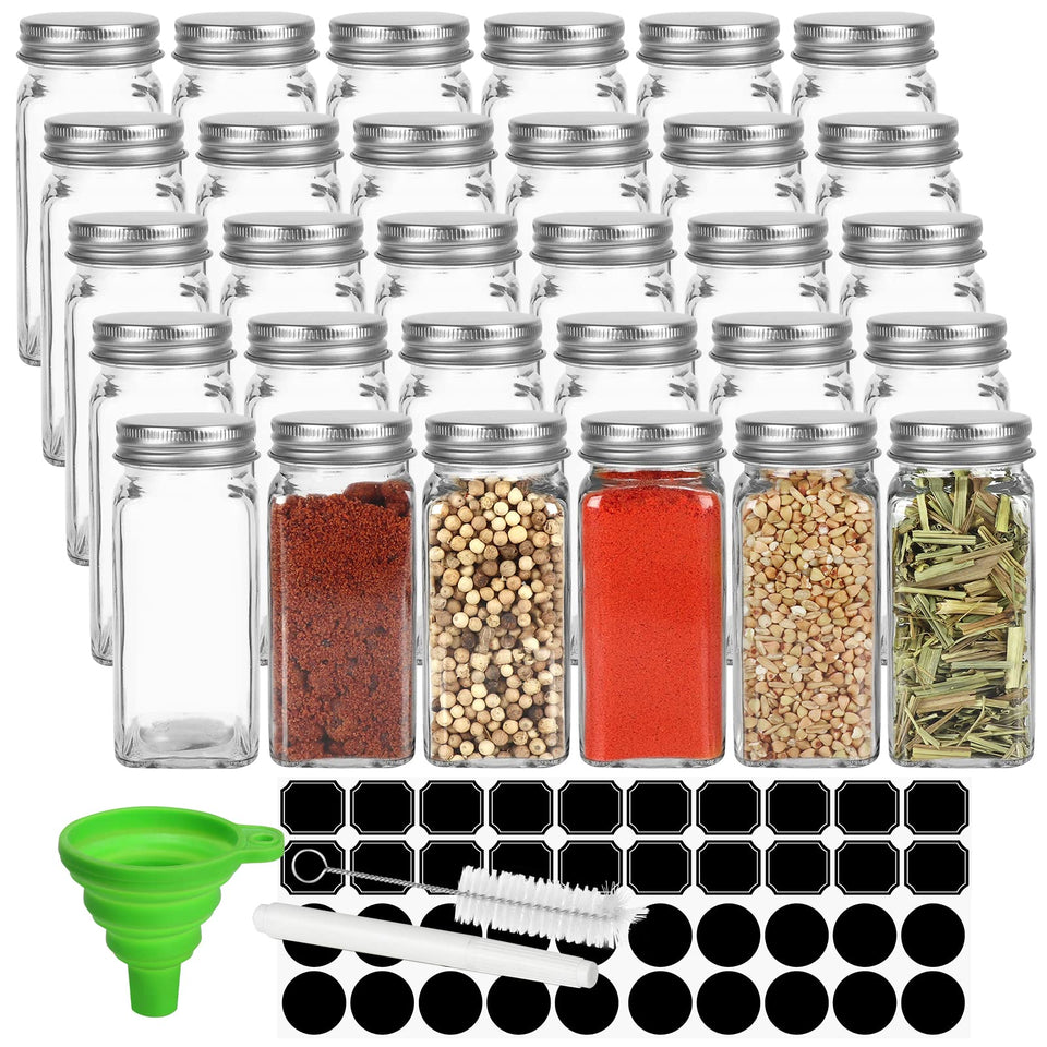 Keketin 30-pack glass spice jars 4 oz for organized pantry storage.