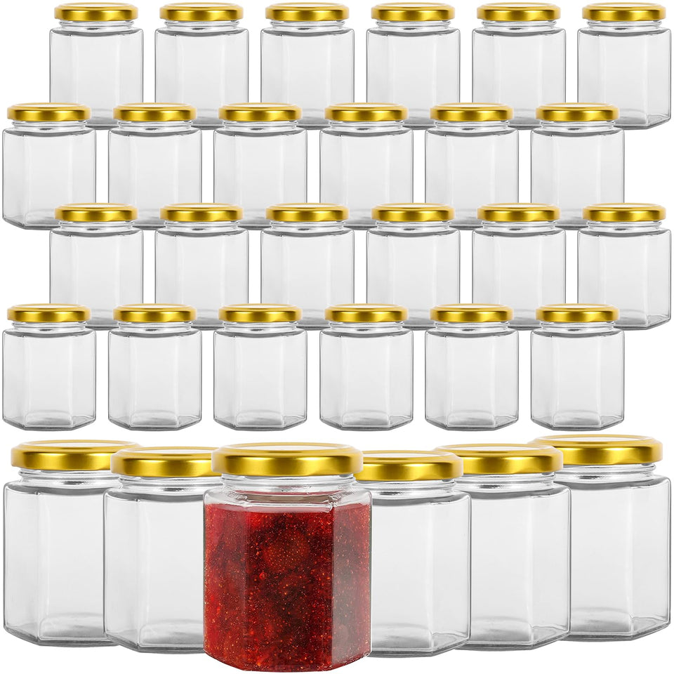 Keketin hexagonal glass jar with gold lid, ideal for jams and preserves.