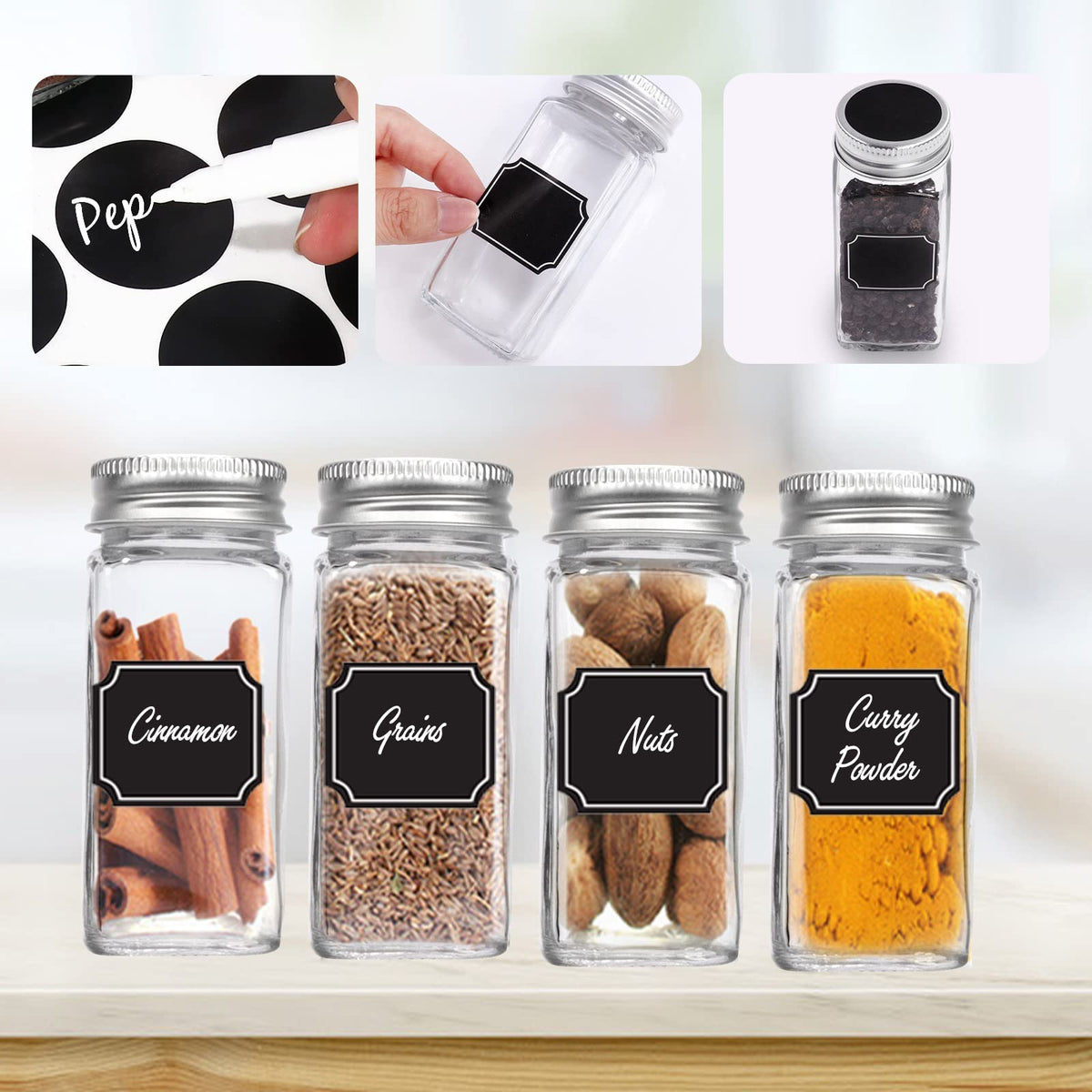 Keketin square spice bottles with labels for easy ingredient labeling.