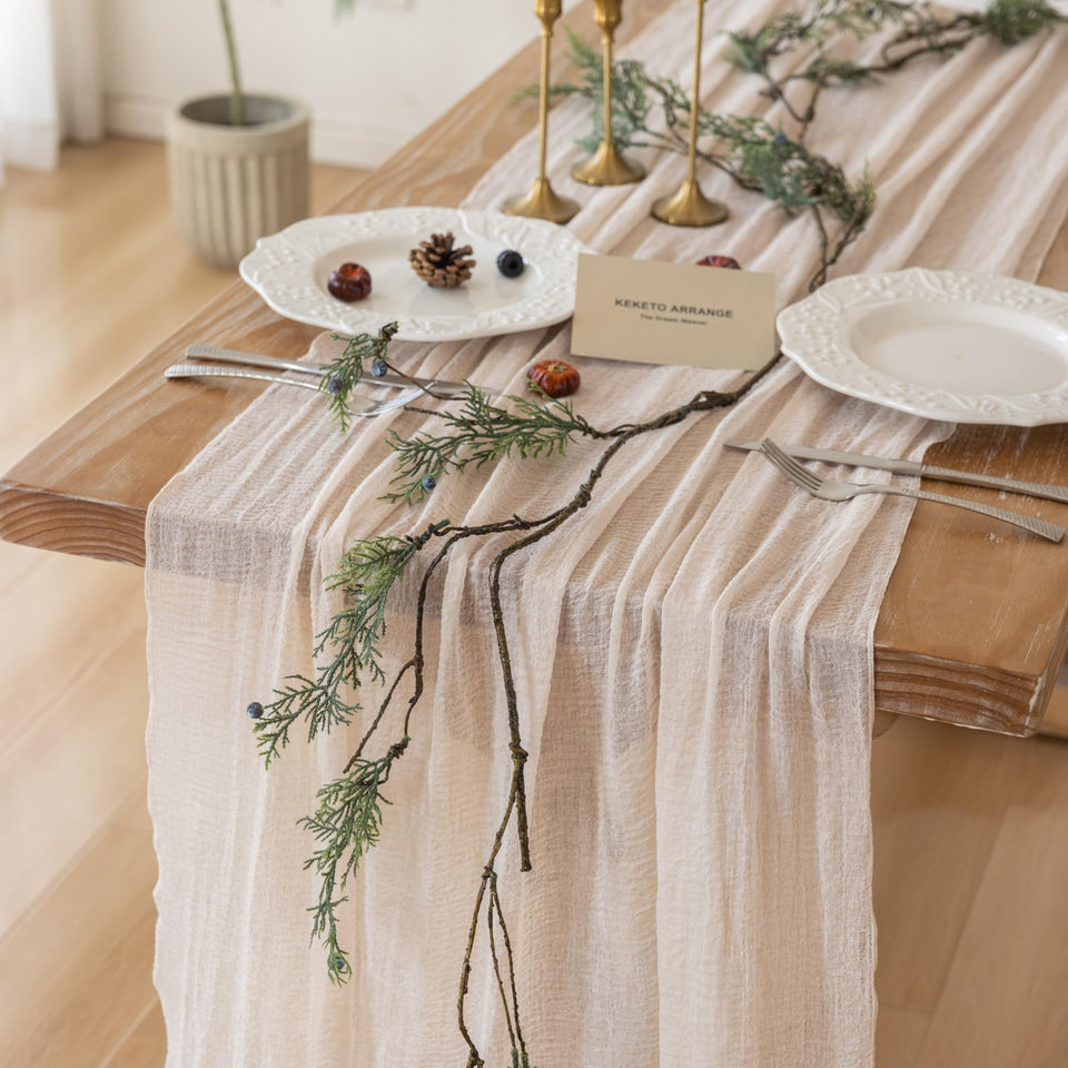 Keketoarrange beige cheesecloth table runner, 35x120 inches, adds rustic charm to wedding tables.