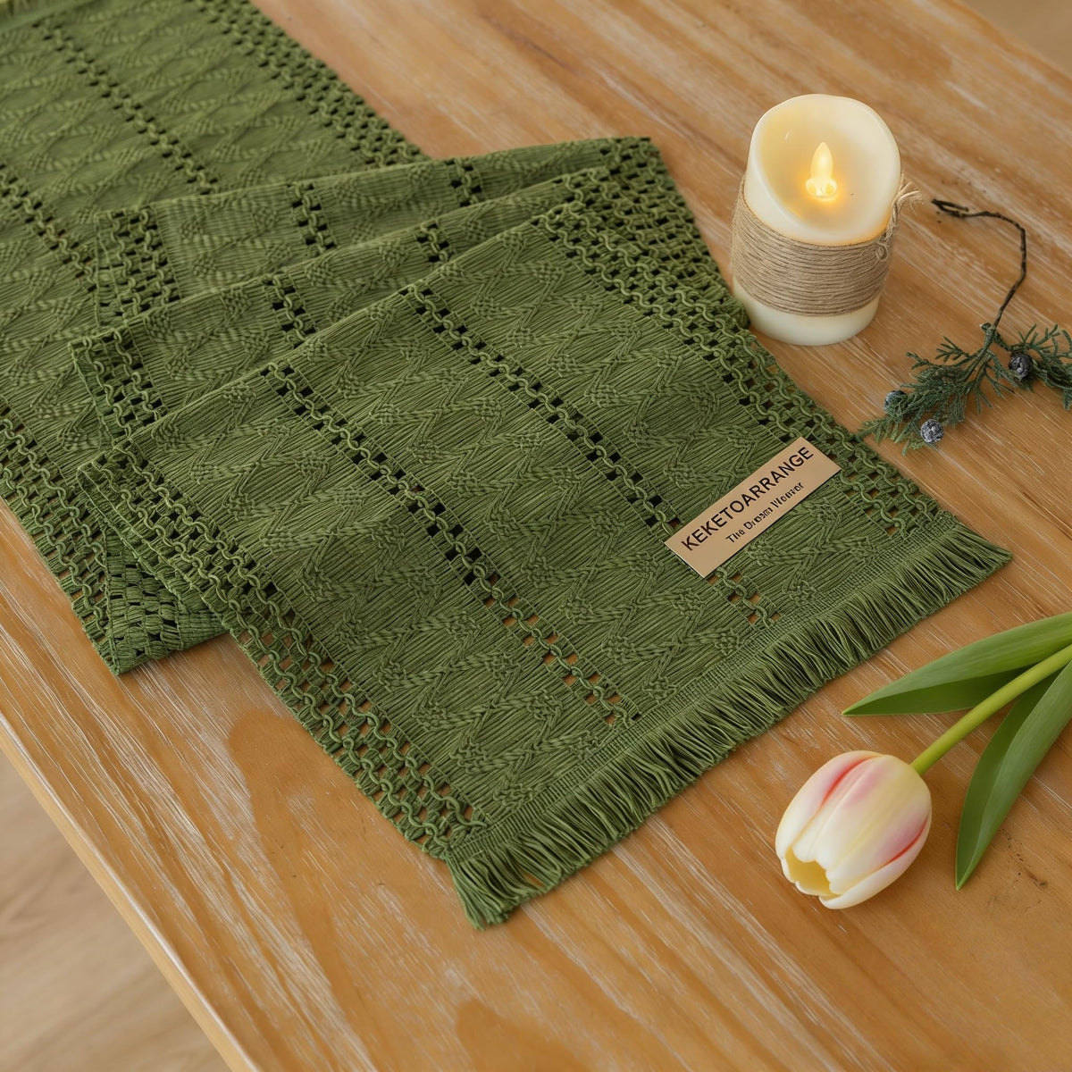 Keketoarrange boho sage green table runner showcases 12x90 inches for elegant spring dining