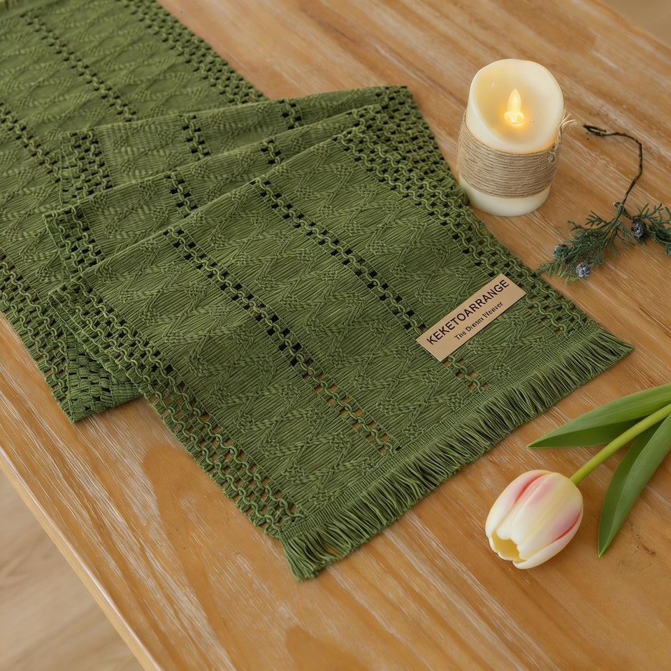 Keketoarrange boho sage green table runner showcases 12x90 inches for elegant spring dining