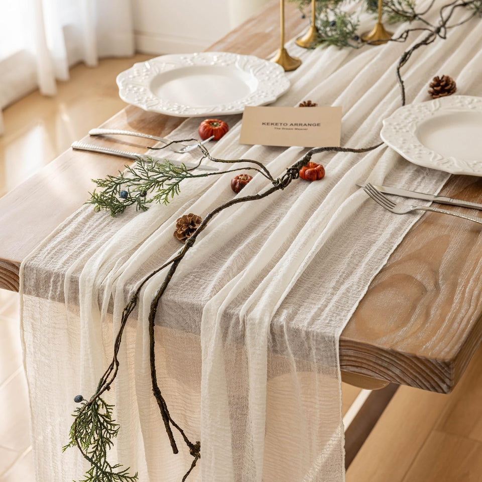 Keketoarrange ivory gauze table runner 120 inch enhances elegant dining decor