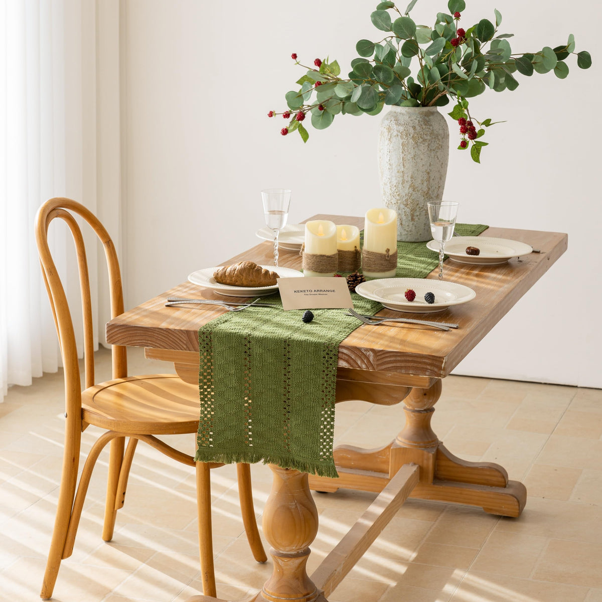 Keketoarrange macrame fringe edge table runner adds texture to rustic setup