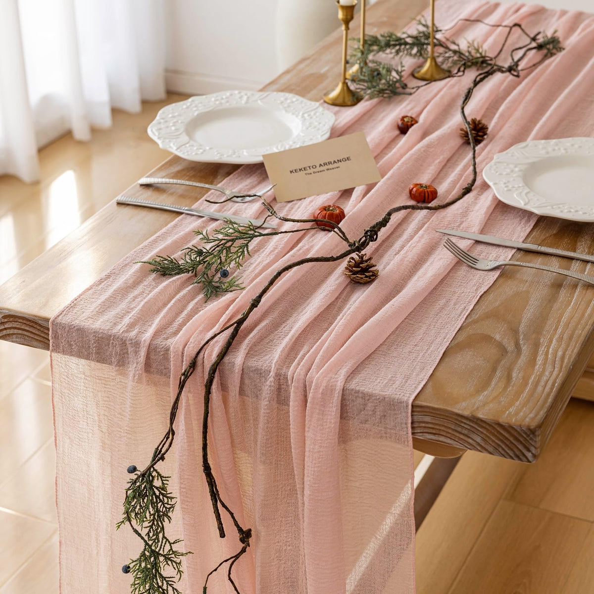 Keketoarrange pink Mothers Day cheesecloth table runner with airy gauze texture for elegant gatherings