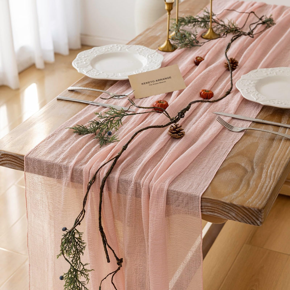 Keketoarrange pink Mothers Day cheesecloth table runner with airy gauze texture for elegant gatherings