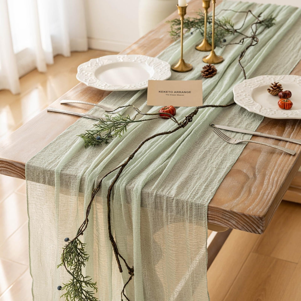 Keketoarrange sage green cheesecloth runner close-up shows stitched edges for durability