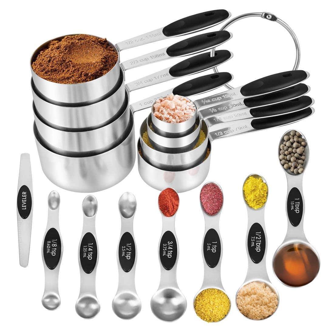 KELOFKO magnetic spoons set, top view, dual-sided marks for precise spice measurement