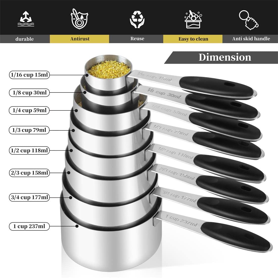 KELOFKO measuring cups, stacked with silicone handles for easy dry ingredient handling