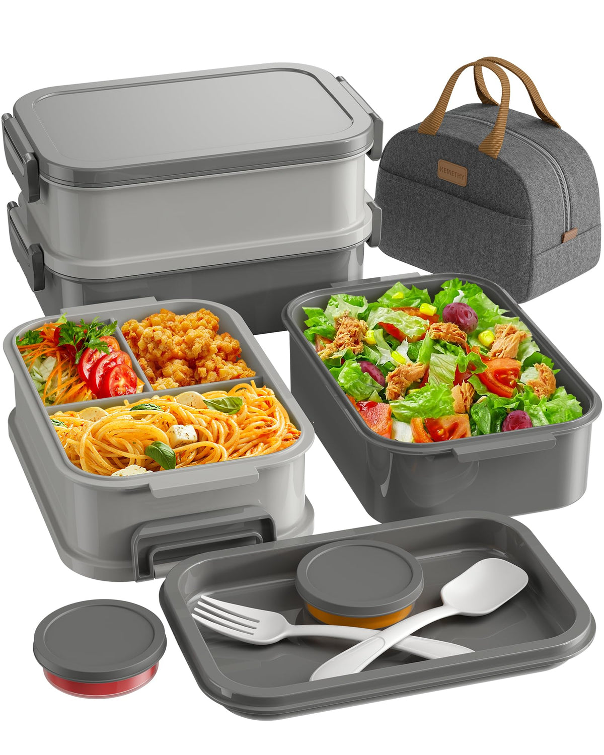 KEMETHY 3-tier bento box demonstrates large 74oz capacity for full meals.