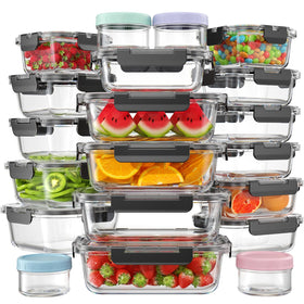 KEMETHY 40pcs glass containers with lids, front view for organized meal prep.
