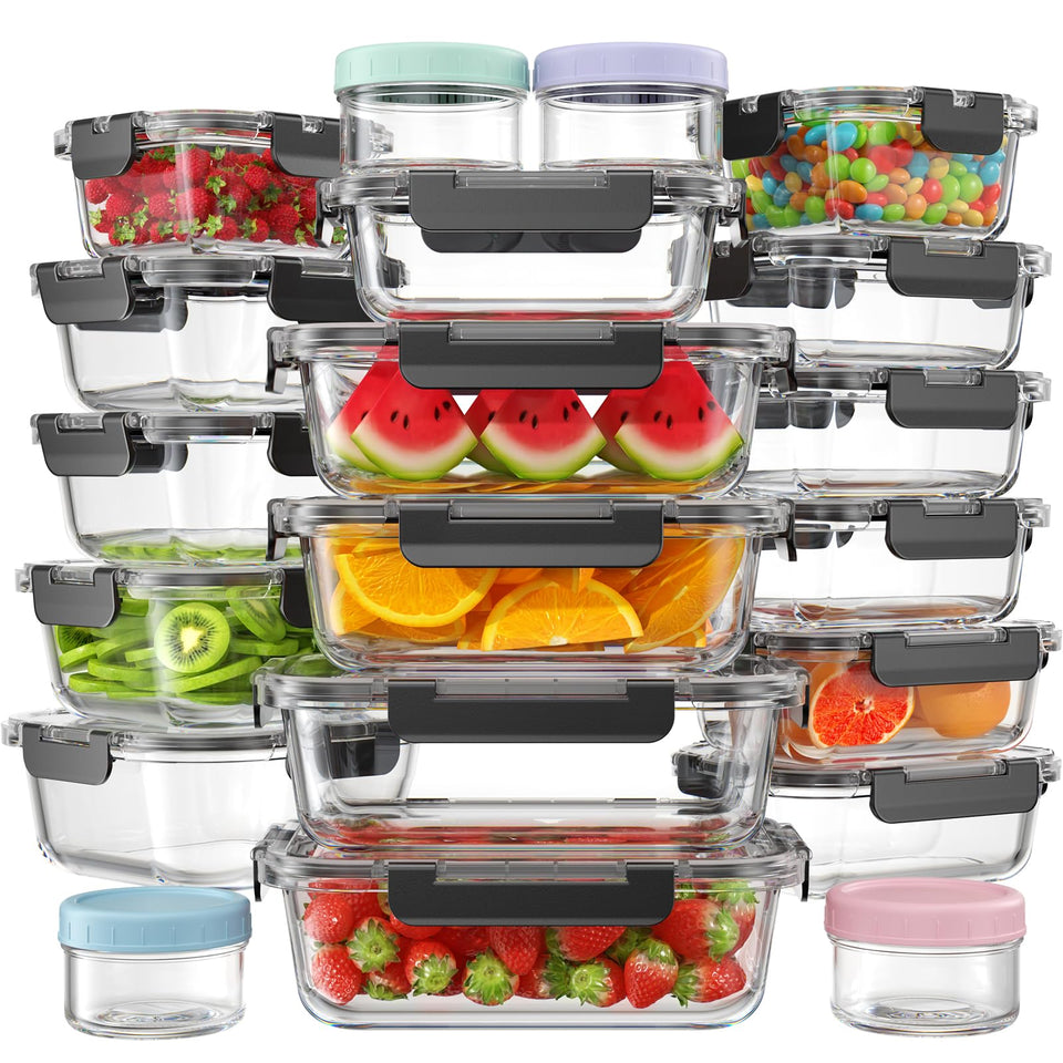 KEMETHY 40pcs glass containers with lids, front view for organized meal prep.