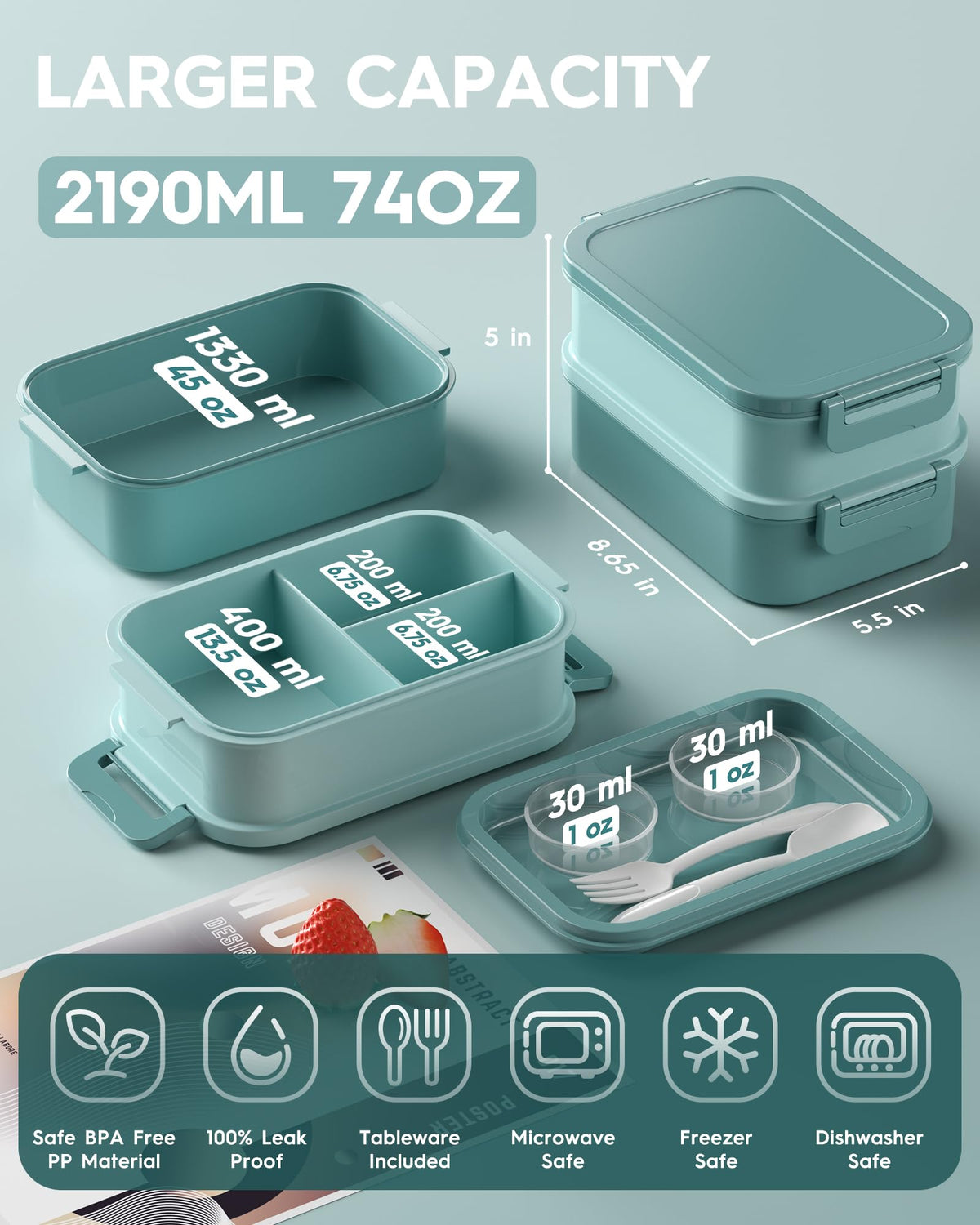 KEMETHY green 3-tier bento box stacked for a full meal plan