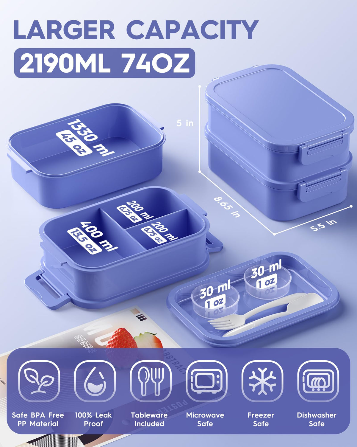 KEMETHY stackable lunch box showing organized three-tier layout.